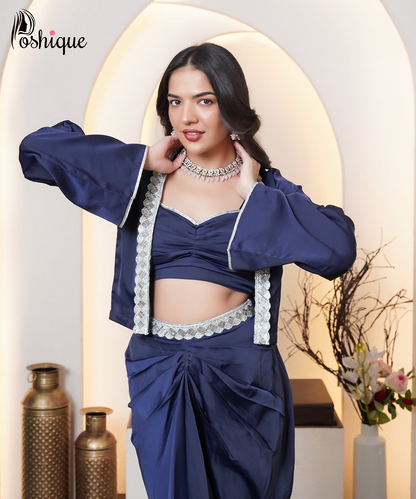 Midnight Blue Embellished Blazer & Draped Skirt Set